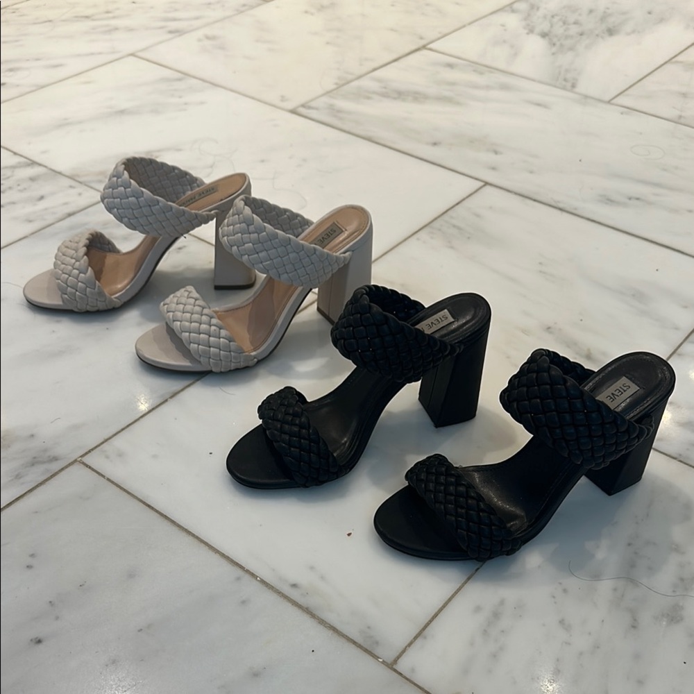 2 Pairs- Steve Madden Black and Cream Braided Sandals Block Heel- both size 8